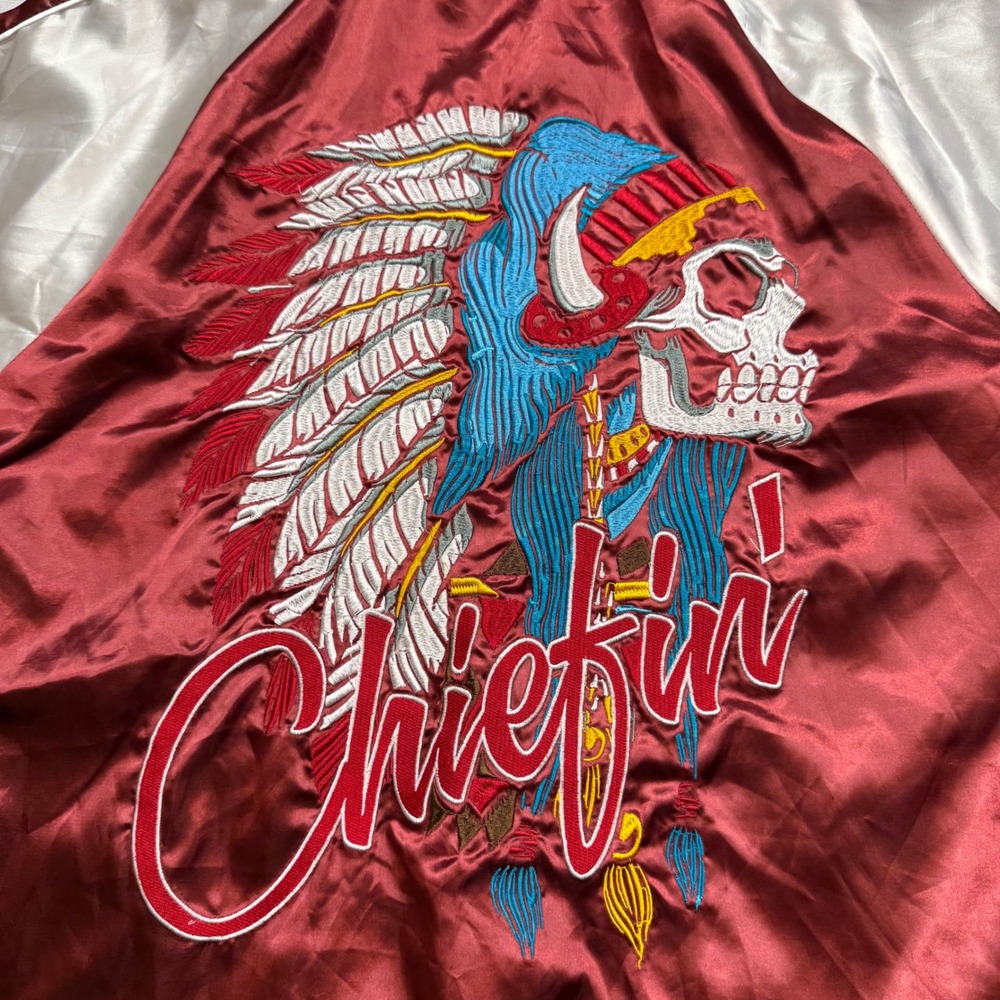 Carbon Mens LG Chiefin Skull Headdress Satin Bomber Jacket Burgundy White FLAWS